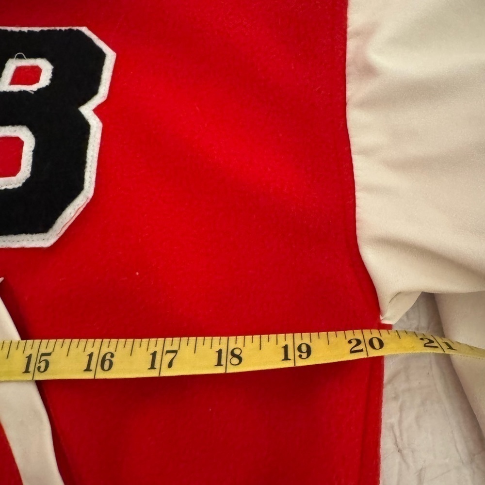 Retro style Cropped Bomber Jacket- size M Red w/off whites sleeves.Snap closure - Picture 9 of 10